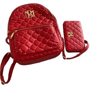 Badgley Mischka Red Leather Backpack + Wallet Clutch